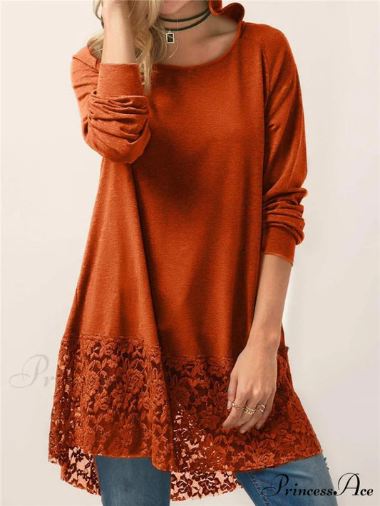 Long With Women Lace Patchwork Arm T-shirt Hood Orange / M