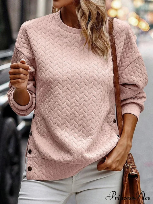 Long Women’s Arm Round Color Solid Sweatshirt Pink Casual Neck Pullover Top Pink / S
