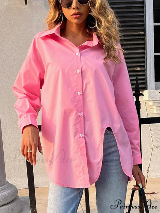 Loose Collared Informal Solid Blouse Pink / M blouse-250126