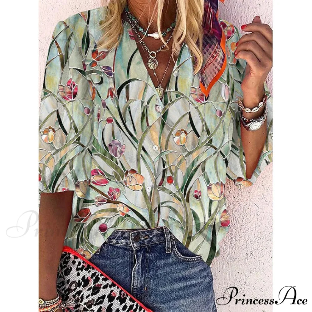 Loose Colorful Print Large Size Blouses 7 / S