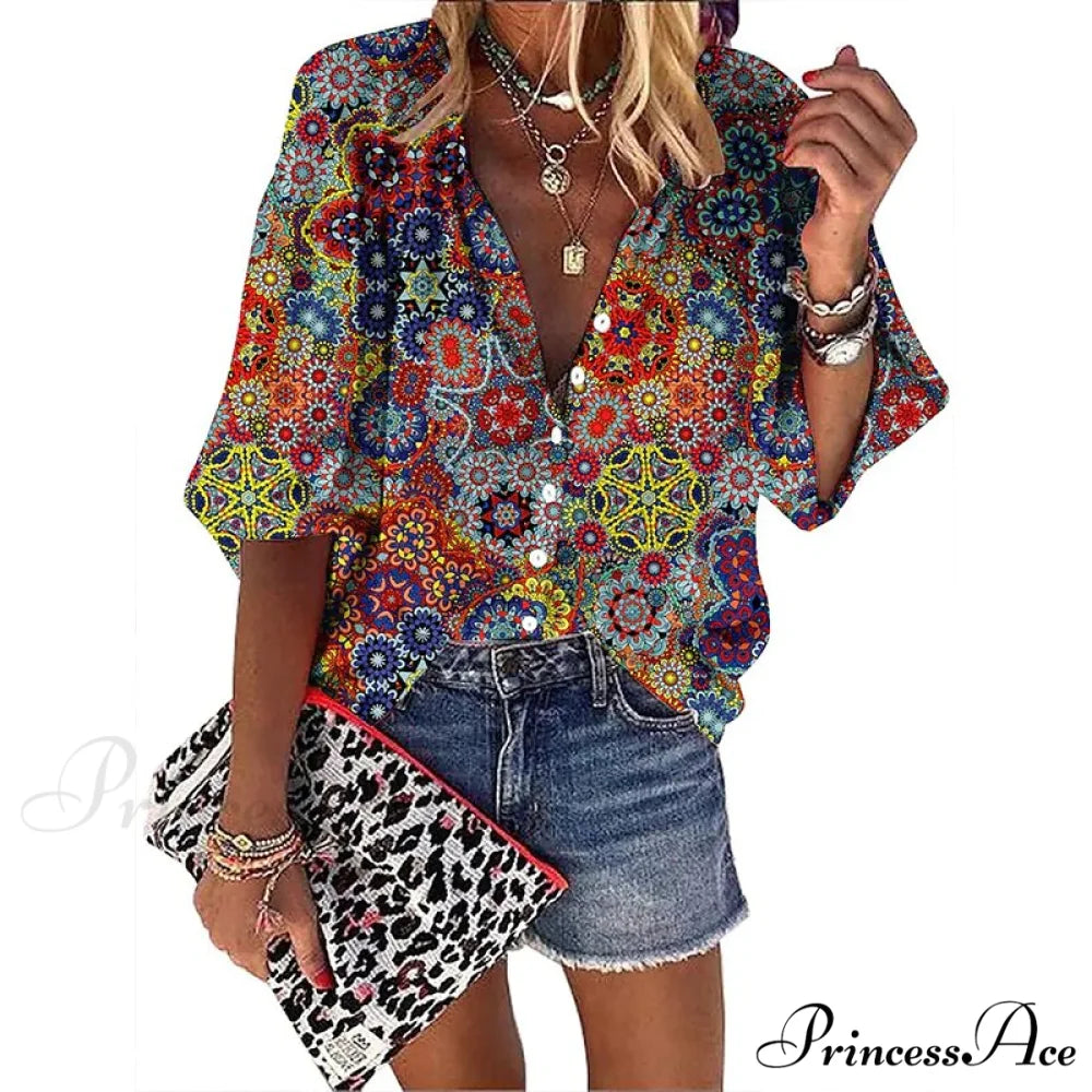 Loose Colorful Print Large Size Blouses 8 / S