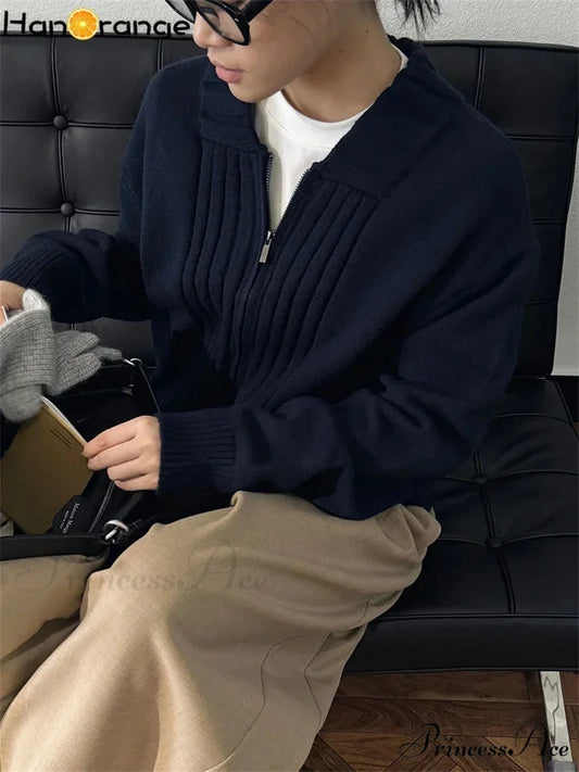 Loose Comfortable Wide Striped Cardigan Zipper Knitting Christmas Sweater Navy blue / One Size