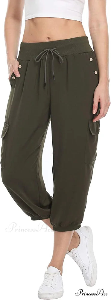 Loose Cropped Capris Cargo Joggers Pants Harem Sweatpants Army Green / X-Small