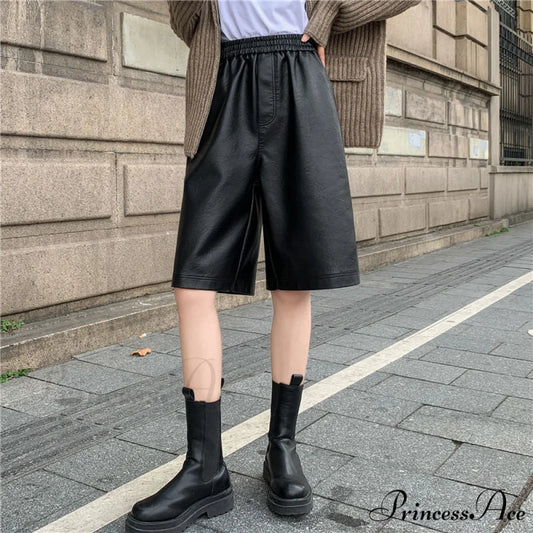 Loose Elastic Wide Leg PU Leather Shorts black / S