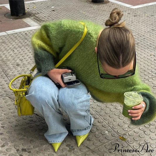 Loose Gradient Green O-Neck Autumn Winter Casual Long Sleeve Christmas Sweater GREEN / S