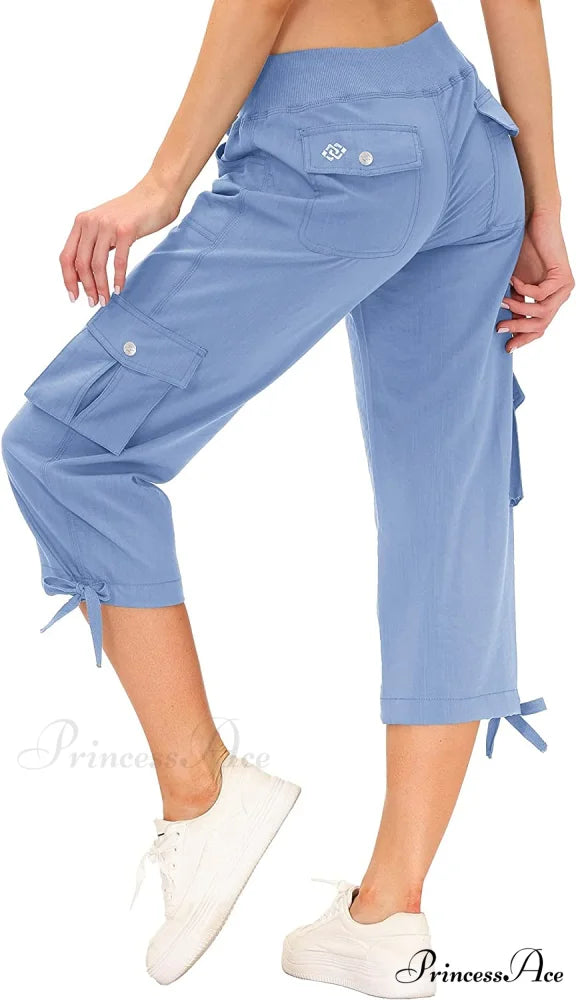 Loose Hiking Pants Lightweight Quick Dry Outdoor Cargo Capris 5-wathet / Medium