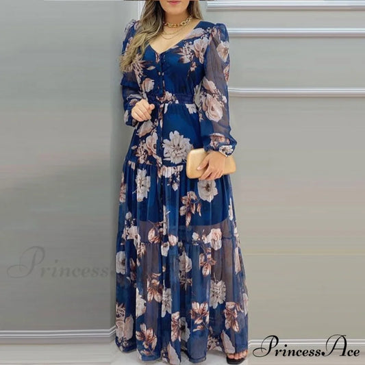 Loose Long Sleeve Lantern Sleeve Beach Wear Style Dress blue / S