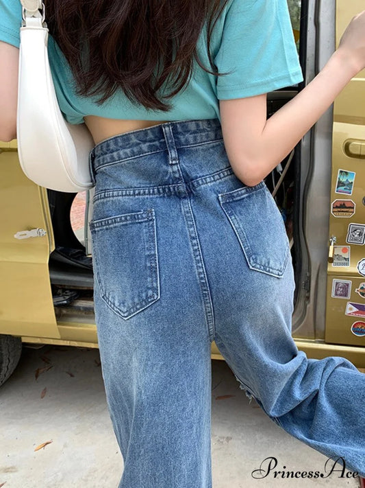 Loose Ripped Wide-leg Jeans Thin Women’s Trousers