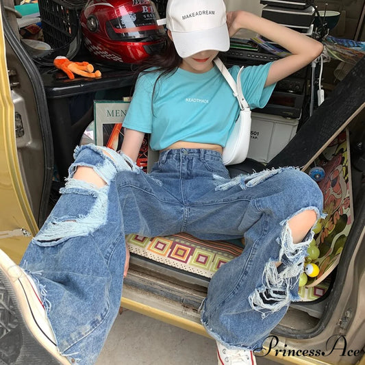 Loose Ripped Wide-leg Jeans Thin Women’s Trousers Blue / S