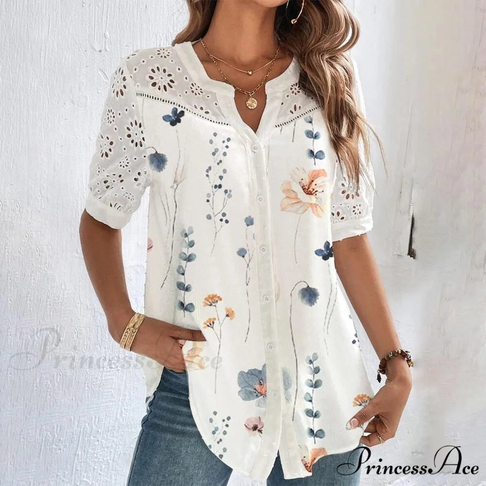 Loose Shirt Elegant Short Sleeve Blouse Beige / S