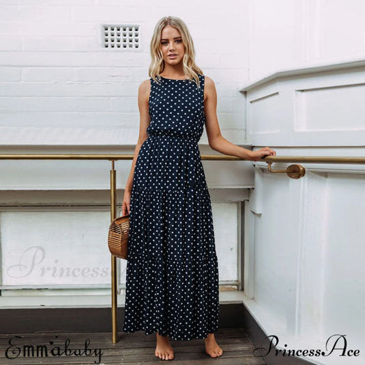 Loose Sleeveless Holiday Dot Print Long Maxi Dress Navy Blue / S