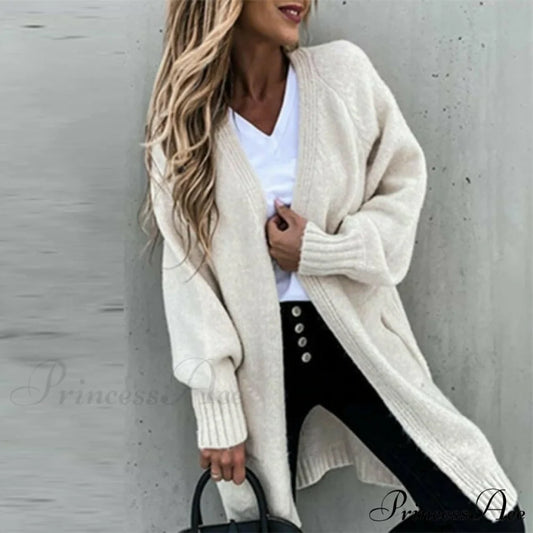 Loose Solid Casual Cardigan Beige / S