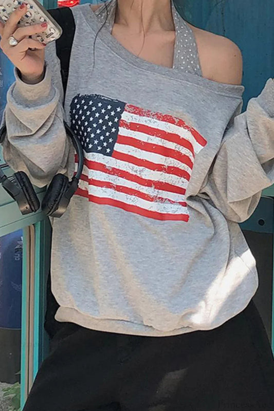 Loose Striped Print Halter Off Shoulder Fake Two Piece Sweatshirt