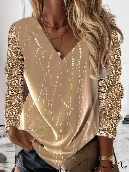 Loose V-neck Sequined Long Sleeve Pullover Golden / S