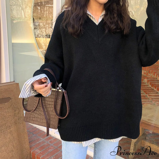 Loose V Neck Solid Color Knitted Sweaters black / One Size