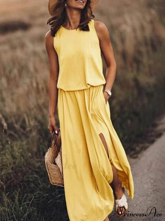 Loose Waisted Round Charming Neck Sleeveless Slit Dress Yellow / S