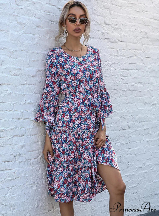 Lotus Leaf Floral Dress with Round Collar and Trumpet Sleeves S / white