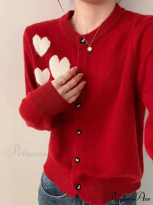 Love Print Vintage Sweet Cardigan Red / One Size