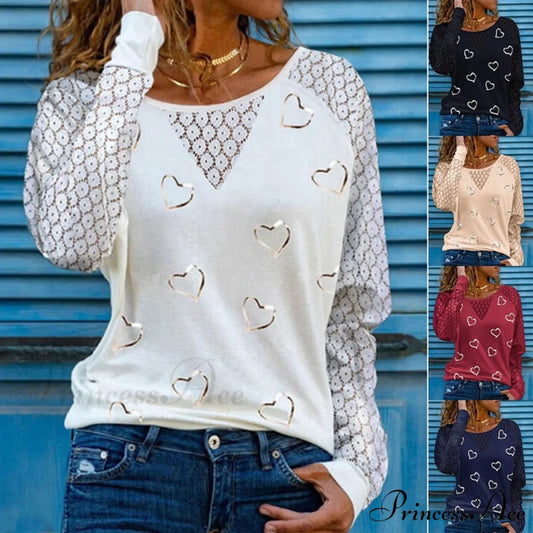 Love Printed Lace Long Sleeve Casual Tee