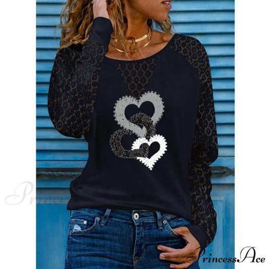 Love Printed Lace Long Sleeve Casual Tee Style3 / S