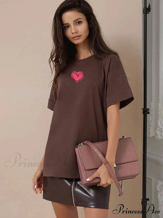 Love Printed Summer Cotton Plus Size Basic Women’s Tee T-shirt Brown / L
