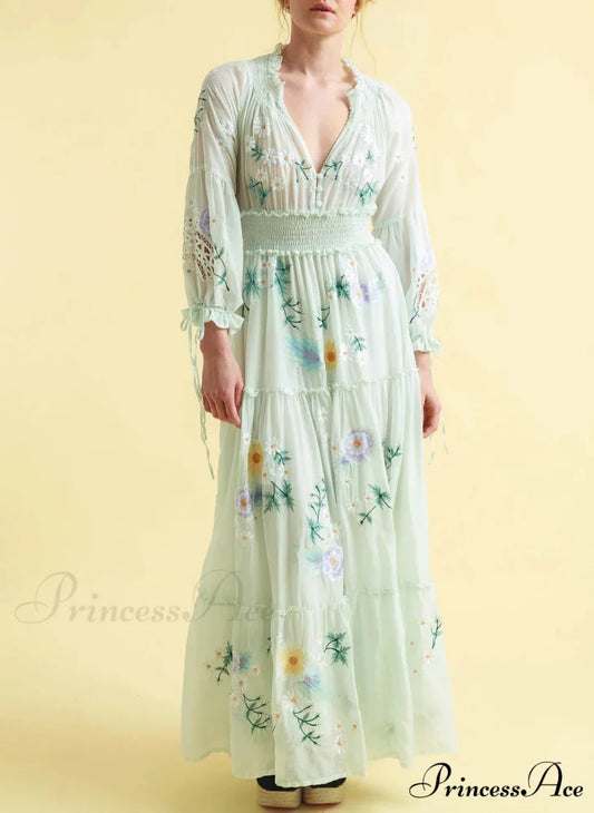 Low-cut Long Sleeve Informal Dress Light green / S bohodress-250126