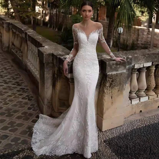 Low-cut V-Neck Extended Sleeve Marriage Gown lvory white / XS weddingdress-250223