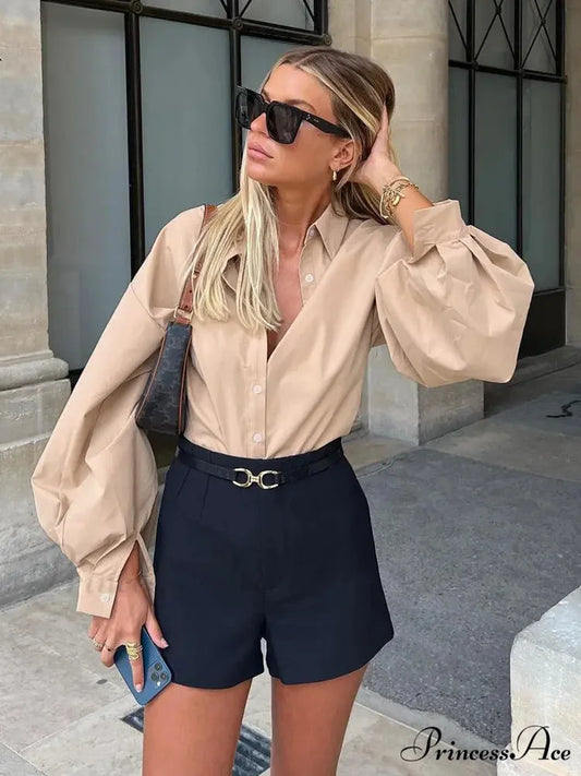 Luminous Sleeve Button Neck Blouse blouse-250223