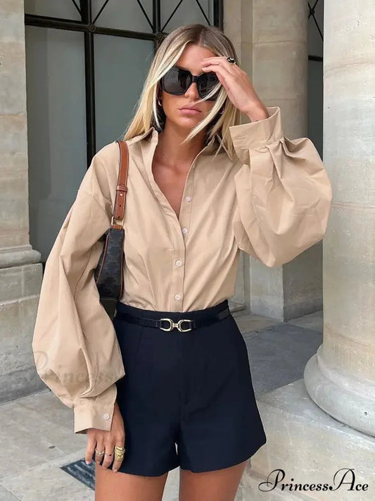 Luminous Sleeve Button Neck Blouse Khaki / S blouse-250223