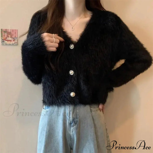 Luminous Sleeve V-Neck Monochrome Button-Up Knit Cardigan Coat Black / S cardiagn-250126