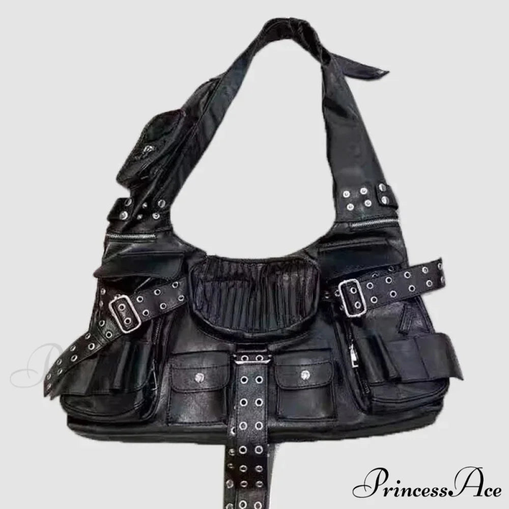 Luxury Designer Multiple Pockets Rivet Wide Strap Knot Shoulder Moto Bag