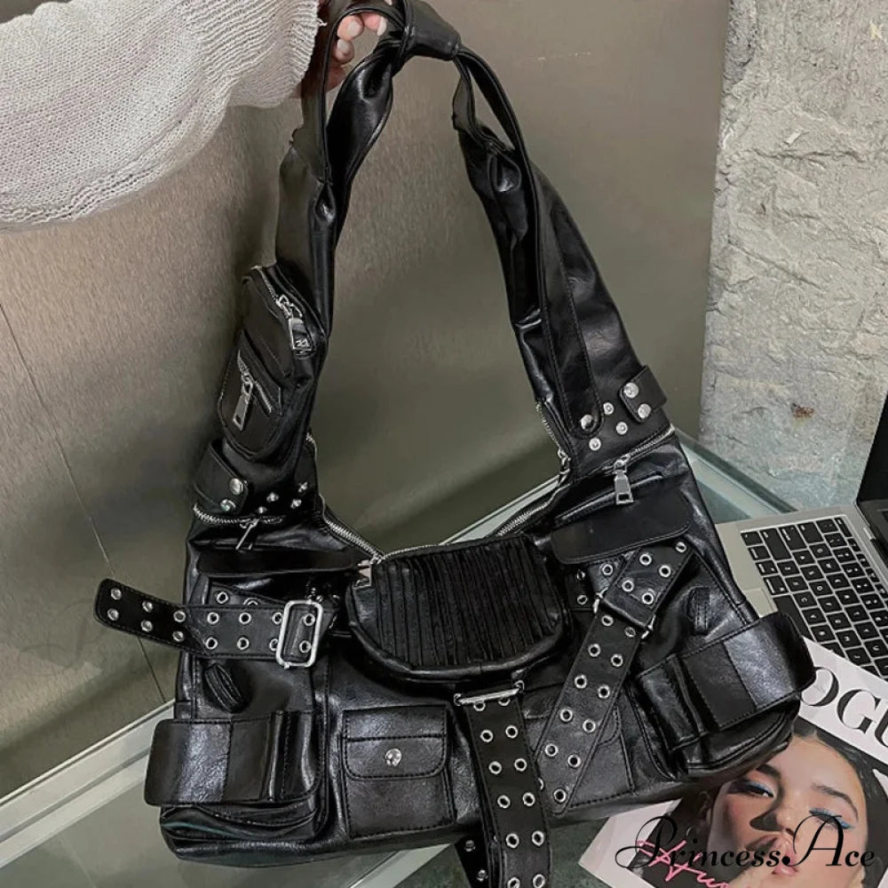 Luxury Designer Multiple Pockets Rivet Wide Strap Knot Shoulder Moto Bag Black / 30cm
