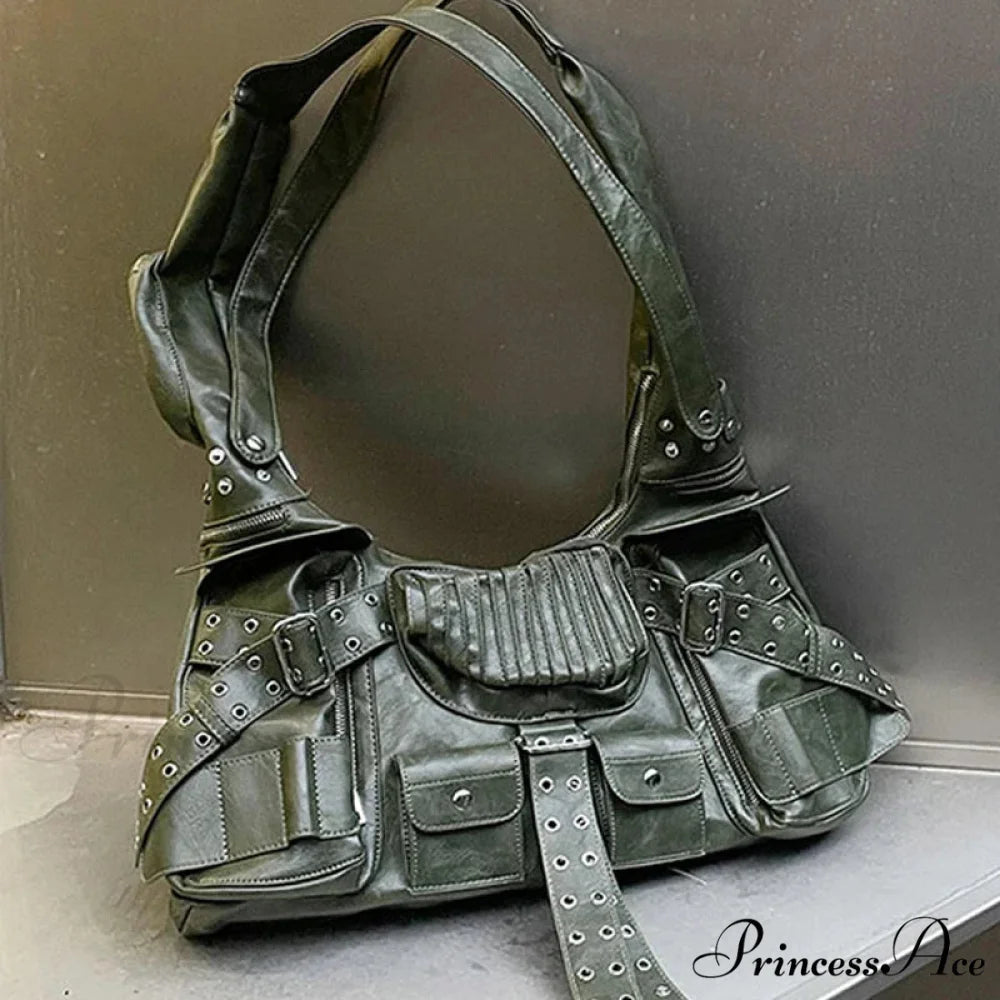 Luxury Designer Multiple Pockets Rivet Wide Strap Knot Shoulder Moto Bag Green / 30cm