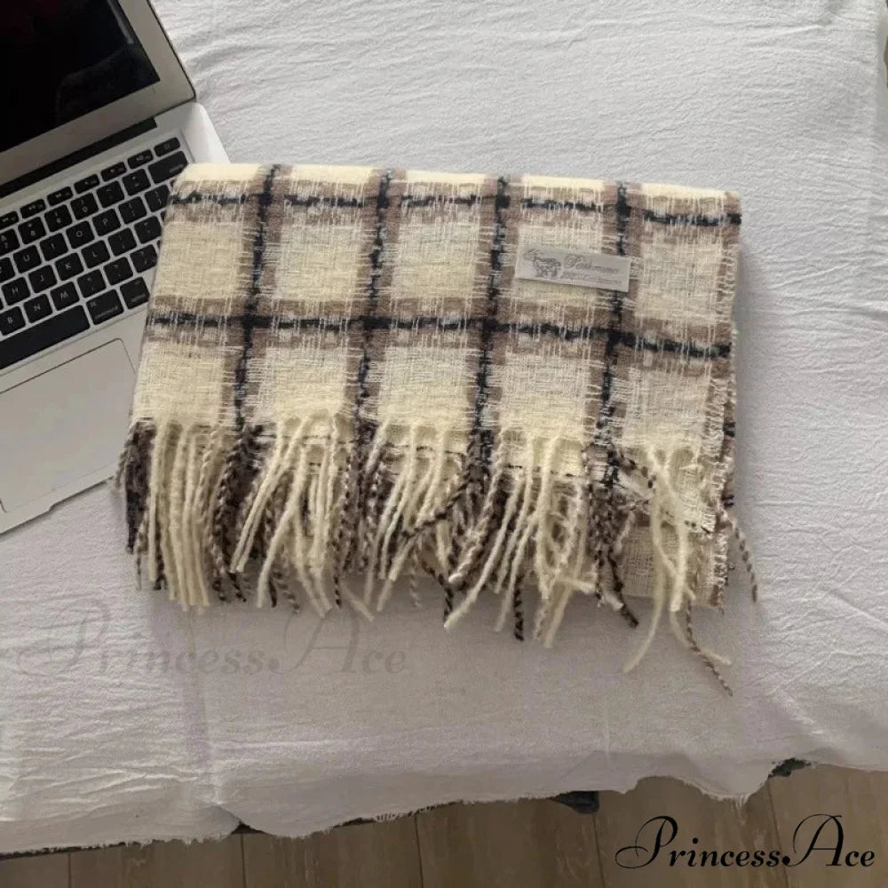 Luxury Plaid Cashmere Long Bandana Pashmina Scarf for Women APRICOT 2