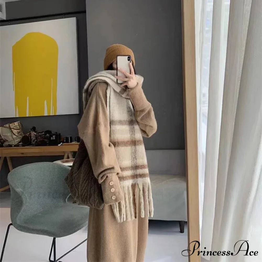 Luxury Plaid Cashmere Long Bandana Pashmina Scarf for Women APRICOT