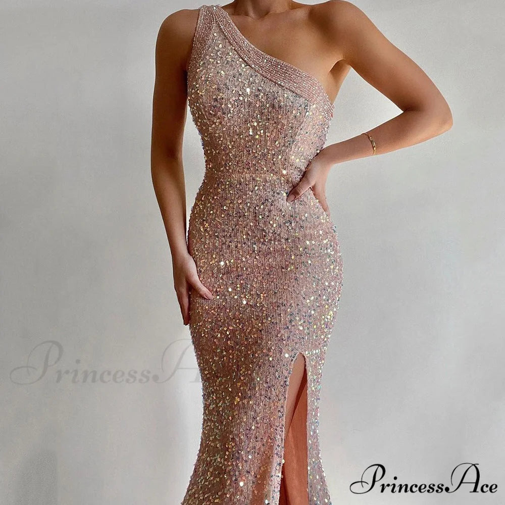 Lyla Formal One Charming Shoulder Sequin Dress KHAKI / S