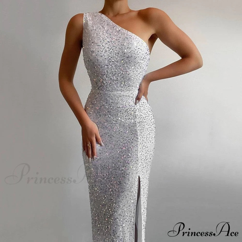 Lyla Formal One Charming Shoulder Sequin Dress WHITE / S
