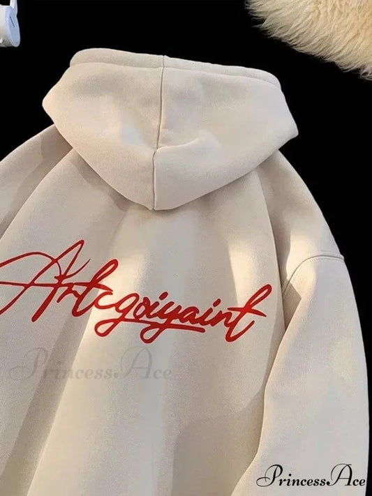 Main Street Correspondence Printed Generously Sized Hoodie Beige / M(40-45KG) hoodies-241228