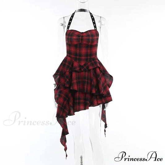 Mall Goth Lolita Red Plaid Streetwear Harajuku Punk Y2K E-girl High Waist IrRegular Gothic Dress Beige / L