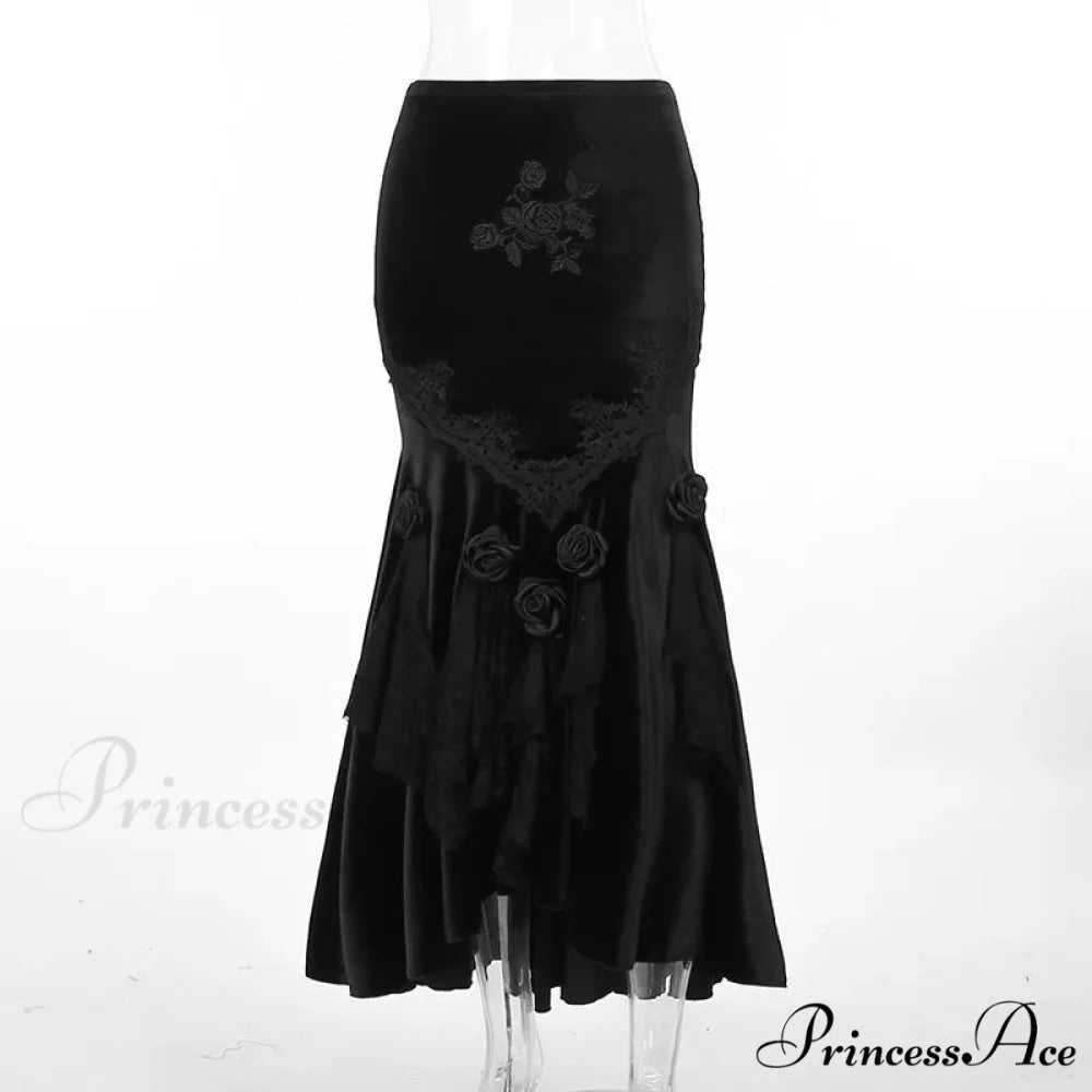 Mall Goth Velvet Fishtail Women Vintage Jacquard Hip Wrap Fairy Grunge Victorian Ladies SteamLong Skirt Black / S