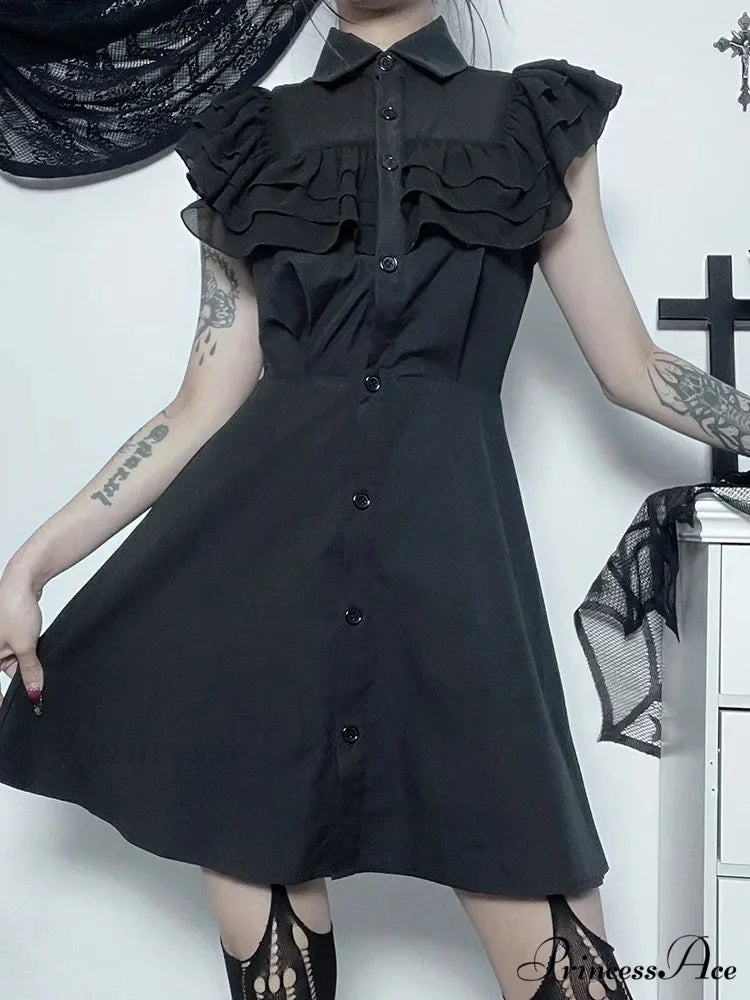 Mall Harajuku E-Girl Mesh Patchwork Black Slim A-Line Sexy Party Grunge Aesthetic Streetwear Dress Black / S