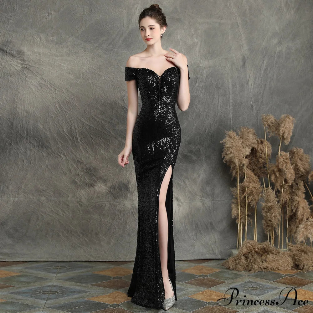 Marzia Formal Stylish Sequined Slit Dress BLACK / XS