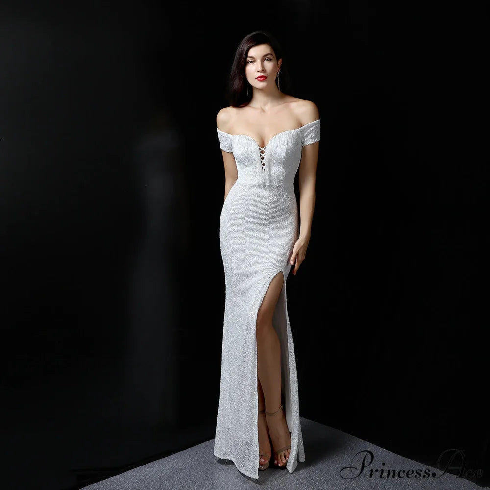 Marzia Formal Stylish Sequined Slit Dress WHITE / XS