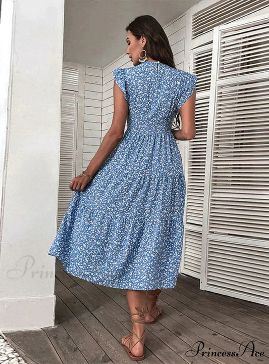 Medium-Length High-Waist Floral Dress with Flying Sleeves