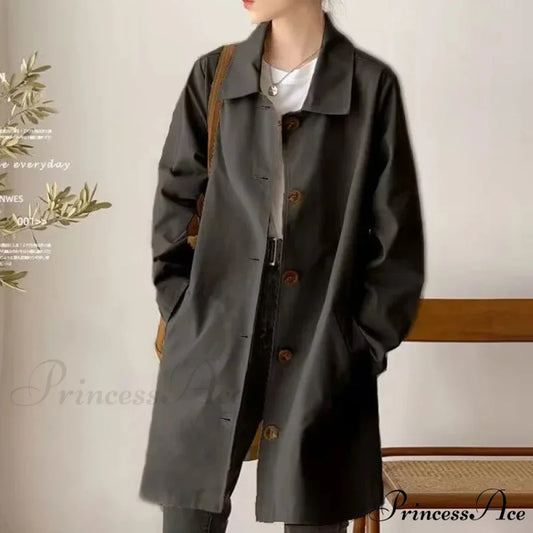 Medium-length Korean Style Trench Loose Fit Solid Color Spring Autumn Trendy Innerwear Coat BLACK / M