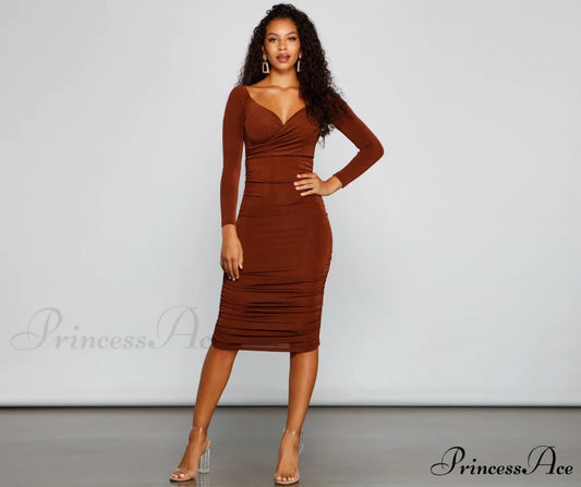 Melissa Long Sleeve Charming Ruched Midi Dress BROWN / XS
