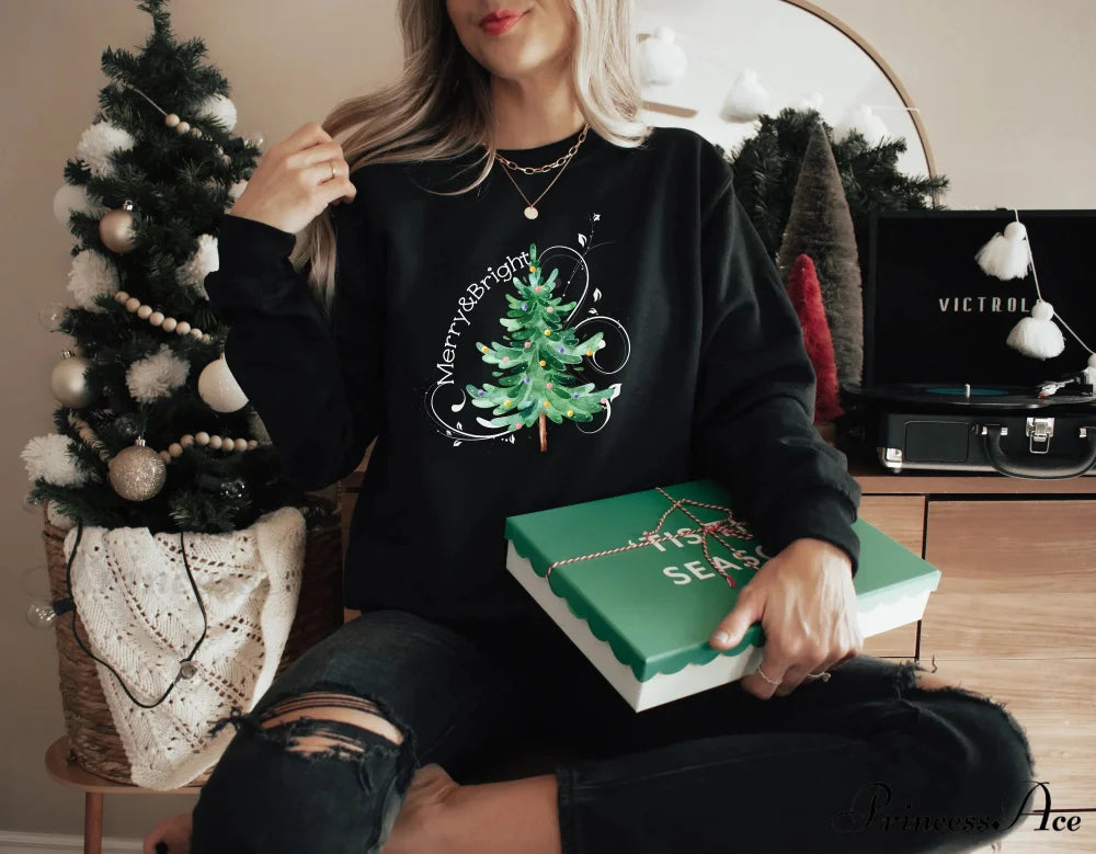 Merry Bright Light Tree Girl Christmas Hoodie Black / S Christmas Hoodies-L