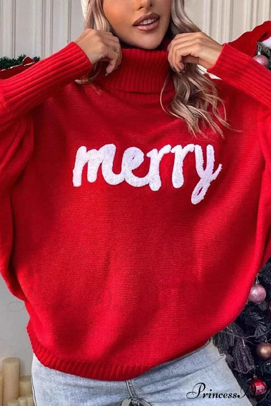 Merry Dolman Sleeve Turtleneck Knitted Sweater Red / S