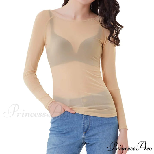 Mesh Arm Women’s Sheer Long Top Nude / S