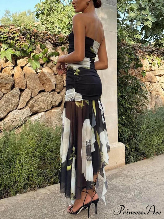 Mesh Overlay Floral Print Off Trendy Shoulder Ruched Ruffles Stretch Midi Dress